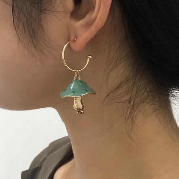 NEW Dotted Mushroom Gold Metallic Earrings Mushrooms Dangle Dangling Teal Green - Picture 3 of 7
